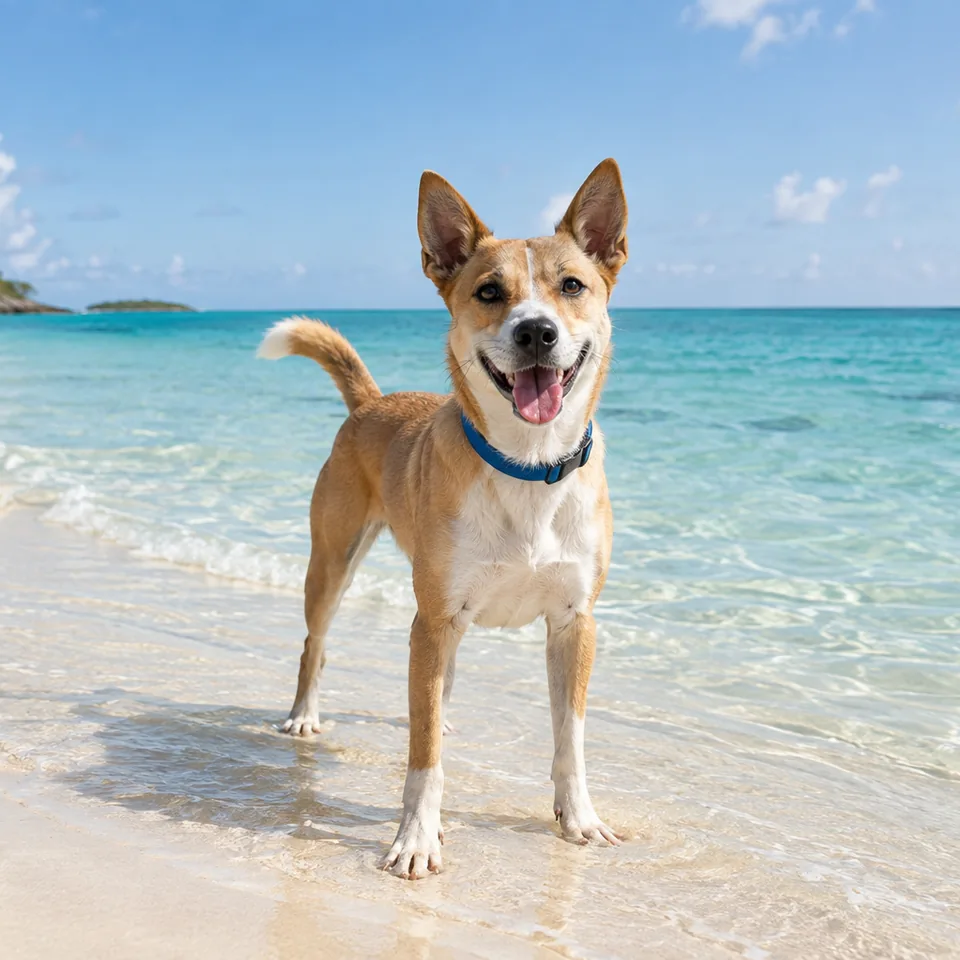 A happy tan and white dog enjoying the turquoise shallows of a Bahamas beach