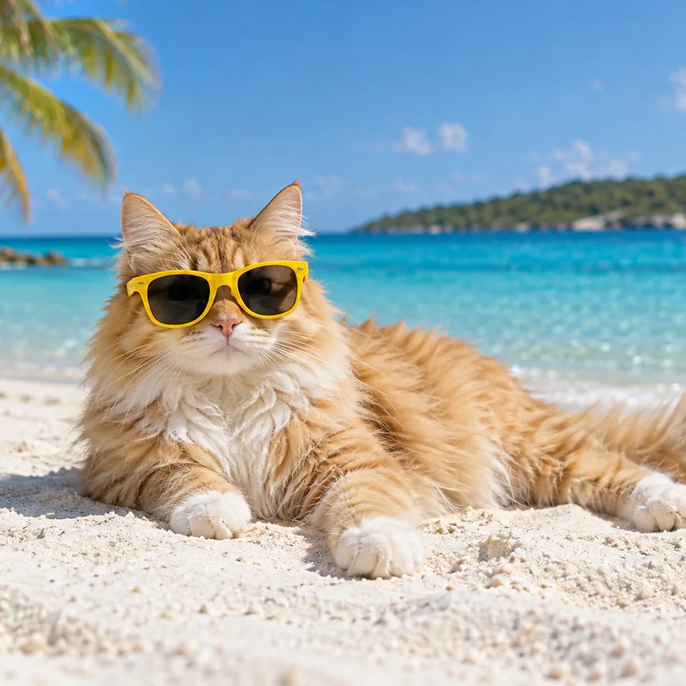 A ginger cat in yellow sunglasses relaxing on a turquoise Bahamas beach