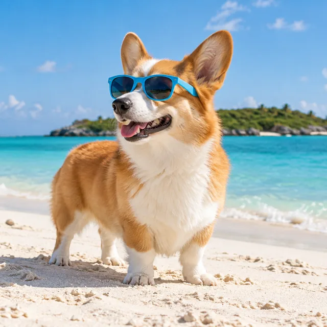 A corgi in blue sunglasses ready for a beach holiday